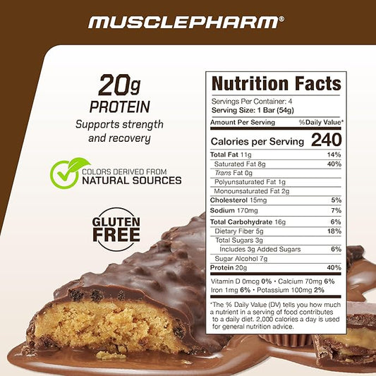 MusclePharm Combat Ready Chocolate Peanut Butter Cup, High Protein Bars, Combat Cravings, Fuel Performance & Meet Energy Demands, 20g Protein from Whey Protein, 5g Fiber, Gluten Free, 4 Bars