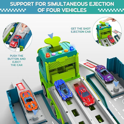 Carrier Truck Race Track Toddler Toys, Foldable 3 Layer Toddler Track Playset, Dinosaur Toy Truck Transport Car Carrier & 8 Race Cars, Truck Car Kids Toy Gifts for Age 3 4 5 6+ Year Old Boys Girls