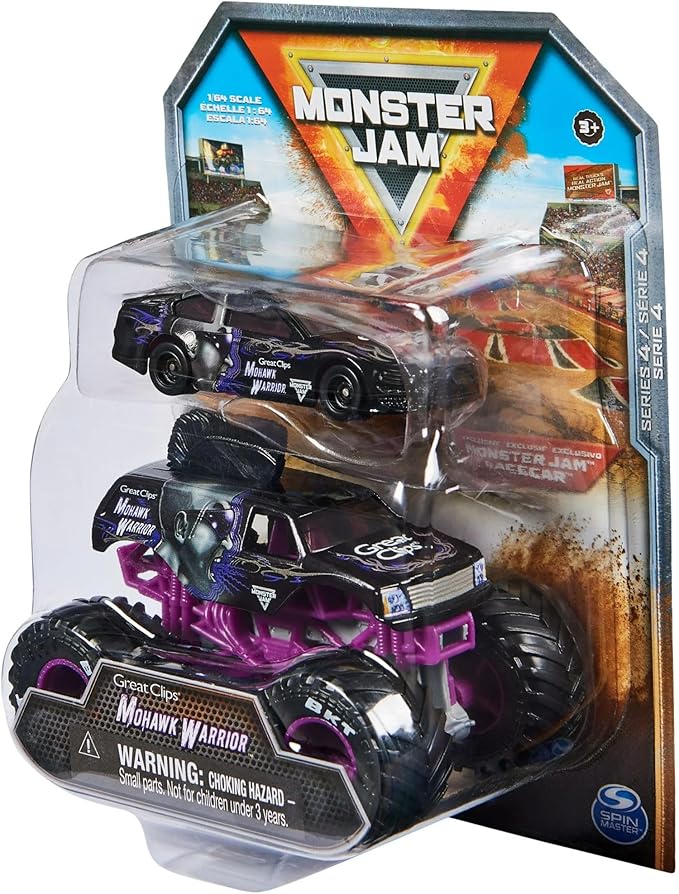Monster Jam Official 1:64 Scale Diecast 2-Pack Monster Truck and Race Car Series 4 Mohawk Warrior, Purple