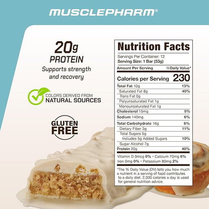 MusclePharm Combat Ready Protein Bar, Cinnamon Roll High Protein Bars, Combat Cravings, Fuel Performance & Meet Energy Demands, 20g Protein from Whey Protein, 3g Fiber, Gluten Free, 12 Bars