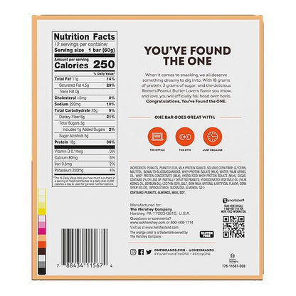 ONE Protein Bars, Reese's Peanut Butter Lovers, Gluten Free with 18g Protein and 3g Sugar, Pantry Staples, 2.12 oz (12 Count)