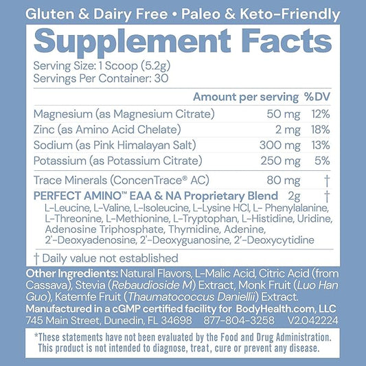 BodyHealth PerfectAmino Electrolytes Powder, Hydration Powder, Sugar Free Keto Electrolyte Drink Mix, Non GMO, Watermelon Flavor (30 Servings)