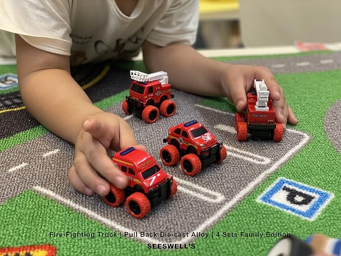 Pull Back Die-cast Alloy Fire Truck Vehicles Play Set,Monster Truck Model Cars,Friction Powered Toy Cars,4 Pack,Toys for 3 4 5 + Years Old Kids,Christmas/Birthday Gifts for Boys & Girls,Party Favors