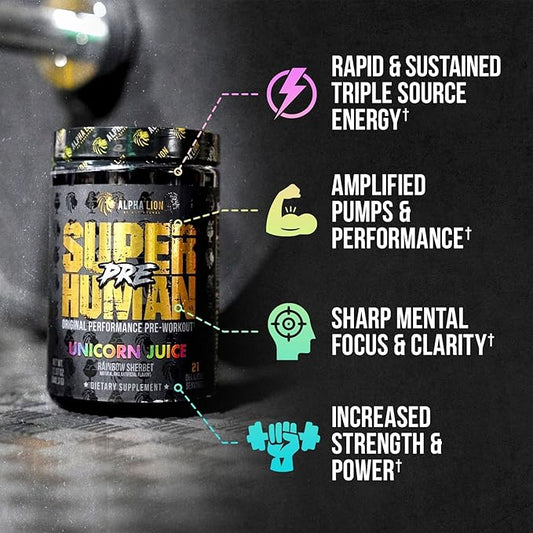 ALPHA LION Superhuman Pre Workout Powder, Beta Alanine, L-Taurine & Tri-Source Caffeine for Sustained Energy & Focus, Nitric Oxide & Citrulline for Pump (21 Servings, Unicorn Juice)