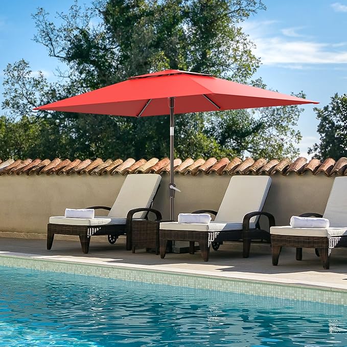 6.6x10ft Rectangular Patio Umbrella, 2 Tiers Outdoor Table Umbrellas with Push Button Tilt and Crank for Patio, Pool, Backyard, Deck, Picnic, Yard (Wine Red)