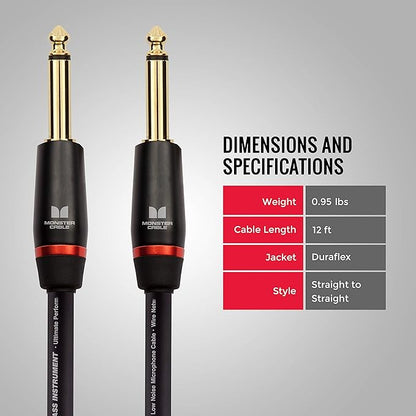 Monster Prolink Bass Instrument Cable. 12 ft Guitar Cable. Straight to Straight Bass Guitar Cable. 95% Copper Braided Shield Cable Bass Guitar. Bass Guitar Cable.