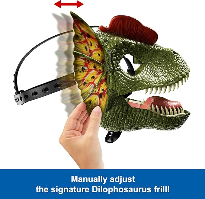 Mattel Jurassic World Role-Play Mask, Dilophosaurus with Venom Launching Water Feature, Sound & Adjustable Frill, Dinosaur Costume Headgear Toy