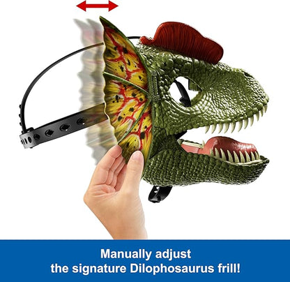 Mattel Jurassic World Role-Play Mask, Dilophosaurus with Venom Launching Water Feature, Sound & Adjustable Frill, Dinosaur Costume Headgear Toy