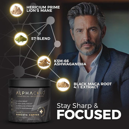 Alphacino Apex - Instant Coffee Powder for the Robust Vigorous Men - Muscle Growth, Sharp Focus, Enhanced Stamina - Ashwagandha KSM-66, Lion’s Mane Mushroom, Black Maca Extract, S7-30SV (4.68 oz)
