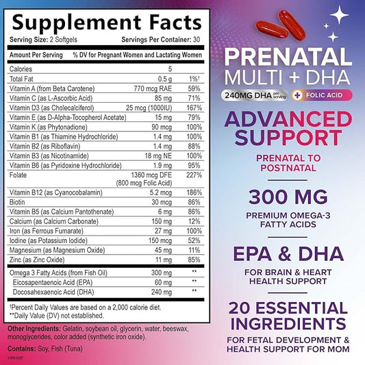 Women's Prenatal Multivitamin with Folic Acid + DHA, Prenatal Vitamin Supplement for Fetal Support w/Folate, Omega 3, Vitamins D3, B6, B12 & Iron, Pregnancy Prenatal DHA, Non-GMO - 60 Softgels
