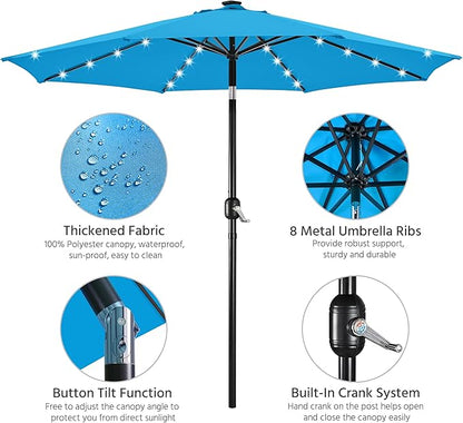 Yaheetech 10FT Solar Patio Umbrella 32 LED Lighted Outdoor Table Market Umbrella with 8 Ribs/Tilt Adjustment and UV-Resistant, Sky Blue