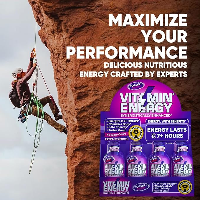 Vitamin Energy Focus+ Extra Strength Daily Energy Shot – Berry – 260mg Natural Caffeine, 100% DV B-Vitamins – Focus & Productivity Support – Zero Sugar, Vegan, Kosher – 1.93 fl oz, 24-Pack
