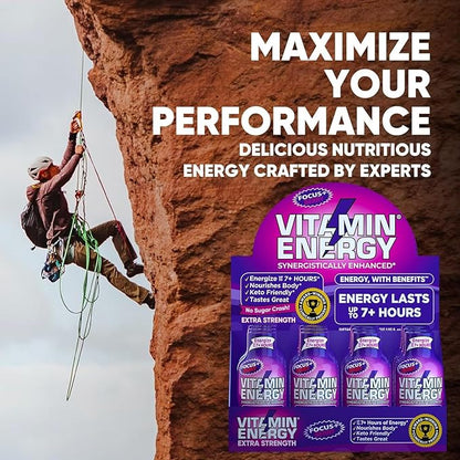 Vitamin Energy Focus+ Extra Strength Daily Energy Shot – Berry – 260mg Natural Caffeine, 100% DV B-Vitamins – Focus & Productivity Support – Zero Sugar, Vegan, Kosher – 1.93 fl oz, 24-Pack