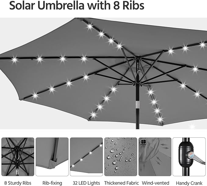 Yaheetech 10FT LED Lighted Patio Umbrella, Outdoor Solar Table Umbrella with 8 Ribs/Tilt Adjustment and Crank Lift System for Garden/Deck/Pool, Gray