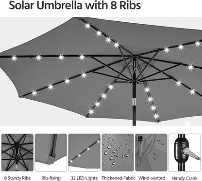 Yaheetech 10FT LED Lighted Patio Umbrella, Outdoor Solar Table Umbrella with 8 Ribs/Tilt Adjustment and Crank Lift System for Garden/Deck/Pool, Gray