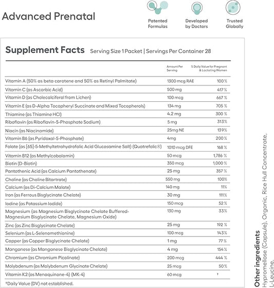 Advanced Prenatal, Prenatal Vitamins for Women with Choline, Methylfolate, Chelated Iron, Vitamins A, B6, and B12, 4-Week Supply Prenatal Multivitamin (28 Capsule Packs)
