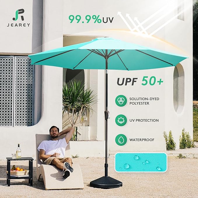 JEAREY 9FT Outdoor Patio Umbrella Outdoor Table Umbrella with Push Button Tilt and Crank, Market Umbrella 8 Sturdy Ribs UV Protection Waterproof for Garden, Deck, Backyard, Pool (Peacock Blue)