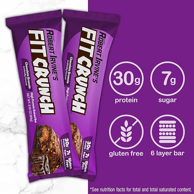 FITCRUNCH Full Size Protein Bars, 6-Layer Baked Bar, 7g of Sugar, Gluten Free & Soft Cake Core (12 Full Size Bars, Chocolate Brownie)