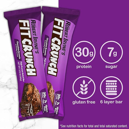 FITCRUNCH Full Size Protein Bars, 6-Layer Baked Bar, 7g of Sugar, Gluten Free & Soft Cake Core (12 Full Size Bars, Chocolate Brownie)