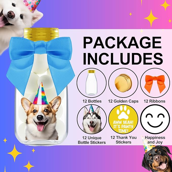 Small 12 Pack Dog Party Favors - DIY Candy Jars with Ribbons and Stickers - Puppy Pawty Decoration Bottles for Birthday, School Classroom - Paw Pup Treat Table Centerpiece for Kids and Adults