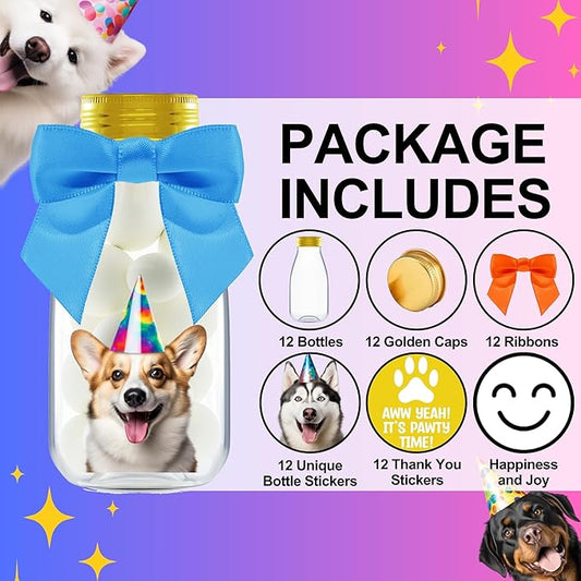 Small 12 Pack Dog Party Favors - DIY Candy Jars with Ribbons and Stickers - Puppy Pawty Decoration Bottles for Birthday, School Classroom - Paw Pup Treat Table Centerpiece for Kids and Adults