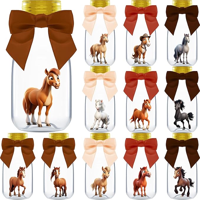 Small 12 Pack Horse Party Favors - DIY Candy Jars with Ribbons and Stickers - Cowboy Party Decoration Bottles for Birthday, School Classroom, and Baby Shower - Horse Racing Table Centerpiece