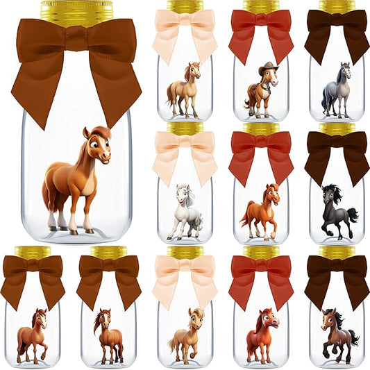 Small 12 Pack Horse Party Favors - DIY Candy Jars with Ribbons and Stickers - Cowboy Party Decoration Bottles for Birthday, School Classroom, and Baby Shower - Horse Racing Table Centerpiece