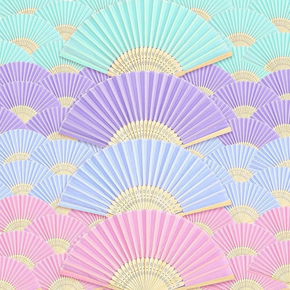Blulu 100 Pcs Folding Hand Fans for Line Dancing Bulk Silk Bamboo Popping Clapping Fans for Line Dancing Boots On The Ground for Women Foldable Summer Beach Wedding Gifts (Macaroon Color)