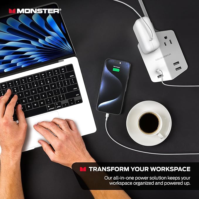 Monster Power Shield: Magnetic Wall Outlet Extender, Multiple Plug Outlet with 2 AC Outlets, 3 USB-A Ports, & 1 USB-C Port (20W)