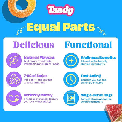 Tandy Mellow Melons & Mellow Rings L-Theanine Gummies I Relaxation Gummies with Watermelon & Peach Flavors I Calming Gummies for Adults I Gluten-Free Fast-Acting Dietary Supplement Gummy I 6-Pack