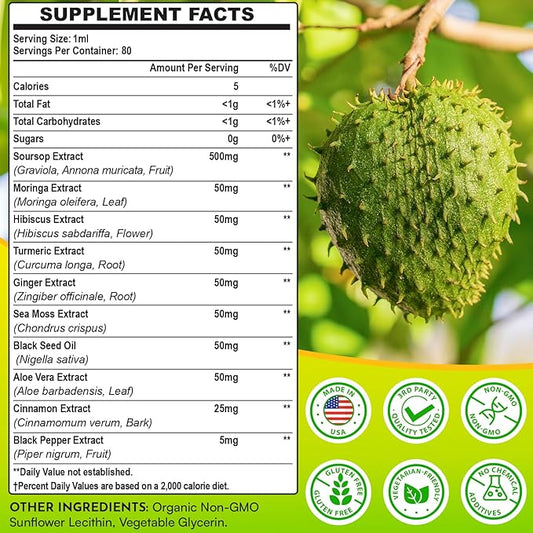 Soursop Bitters Liquid 880MG, Soursop Multivitamin Liquid Drops with Soursop Leaves Herbal Blend, for Cell Support & Regeneration, Immunity, Liver, Gut, Zzz & Antioxidant | 320 Days Supply