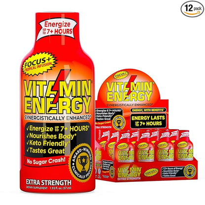 Vitamin Energy Focus+ Extra Strength Daily Energy Shot – Tropical Infusion – 260mg Natural Caffeine, 100% DV B-Vitamins – Focus & Productivity Support – Zero Sugar, Vegan, Kosher – 1.93 fl oz, 12-Pack