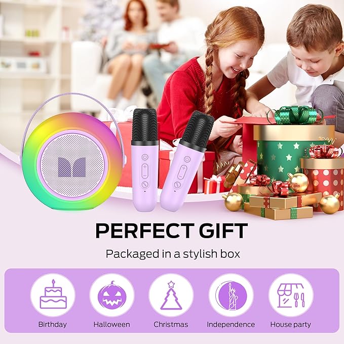 Monster Mini Karaoke Machine for Kids Adults, Portable Bluetooth Speakers with 2 Wireless Microphones and Lights, Christmas Birthday Gifts Toys for Girls Boys 4, 5, 6, 7, 8, 9, 10, 12+ Toddler