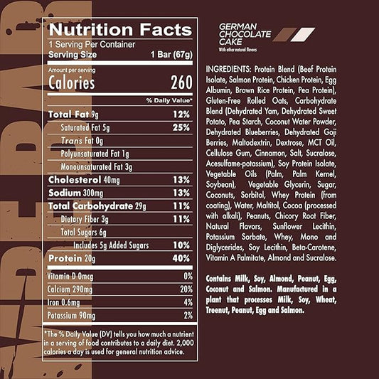 REDCON1 MRE Protein Bar, German Chocolate Cake - Contains MCT Oil + 20g of Whole Food Protein - Easily Digestible, Macro Balanced Low Sugar Meal Replacement Bar (12 Bars)