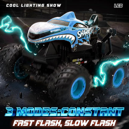 BEZGAR Monster Truck Toys - Remote Control Monster Truck with Light & Music, Dinosaur Toys for Kids, 1:20 Scale RC Truck with 360° Spins and Drifting, Remote Control Car for Boys Blue