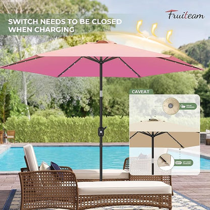 FRUITEAM Solar Lights Patio Umbrella, 7.5FT Heavy Duty Outdoor Umbrella with High-Strength Frame & LED Lights, All-Weather UV Protection Sun Shade for Poolside, Garden, Backyard (Pink)