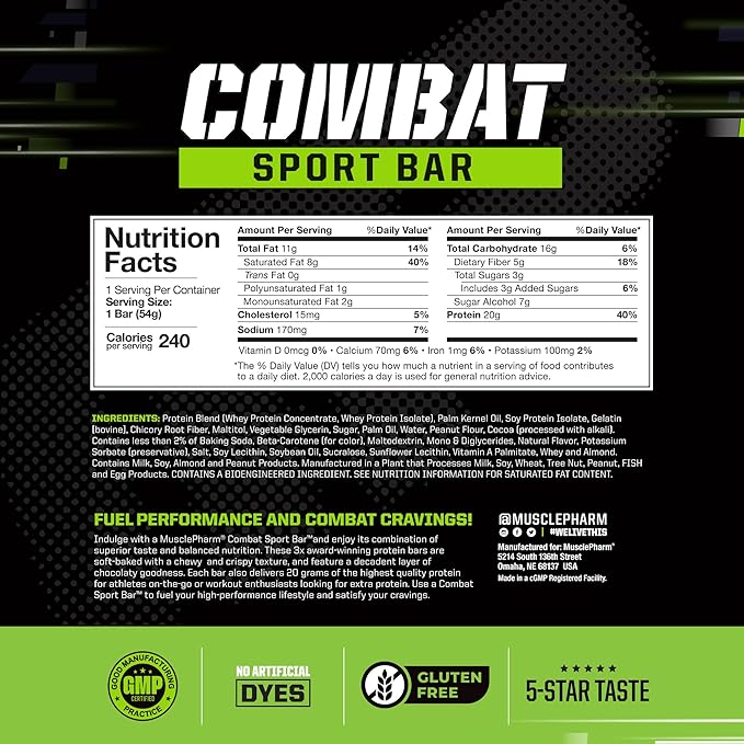 MusclePharm Combat Sport Bar, Chocolate Peanut Butter Cup, High Protein Bars, Combat Cravings, Fuel Performance & Meet Energy Demands, 20g Protein from Whey Protein, 5g Fiber, Gluten Free, 12 Bars
