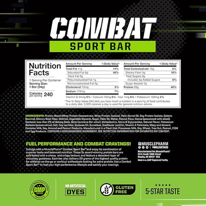 MusclePharm Combat Sport Bar, Chocolate Peanut Butter Cup, High Protein Bars, Combat Cravings, Fuel Performance & Meet Energy Demands, 20g Protein from Whey Protein, 5g Fiber, Gluten Free, 12 Bars