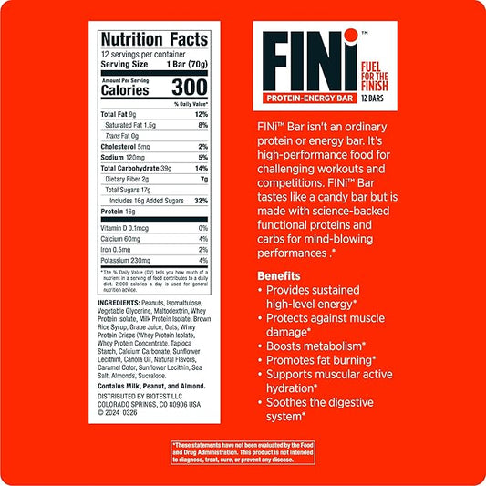 Biotest FINi Protein-Energy Bar - Fueled with Performance Sweetener (12 Count, Peanut Butter)
