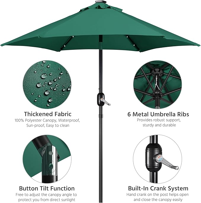 Yaheetech 7.5FT Solar Umbrella LED Lighted Patio Umbrella Waterproof & UV Protection, Market Sunshade w/Tilt and Crank for Backyard, Deck and Pool, Dark Green