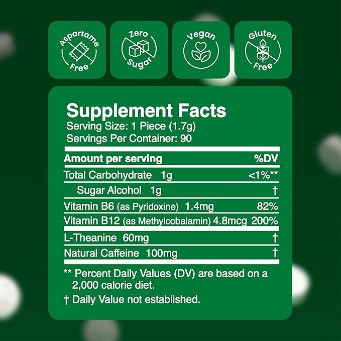 Neuro Energy Caffeine Gum (90 Pieces) - Sugar Free with L-theanine + Natural Caffeine + Vitamin B12 & B6 - Nootropic Energy & Focus Supplement for Women & Men - Extra Strength Spearmint Flavor