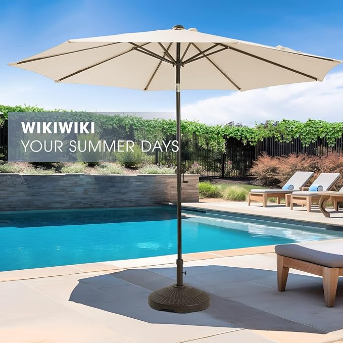 wikiwiki 9 FT Patio Umbrellas Outdoor Table Market Umbrella with Push Button Tilt/Crank, 8 Sturdy Ribs, Fade Resistant Waterproof POLYESTER DTY Canopy for Garden, Lawn, Deck, Backyard & Pool,Beige