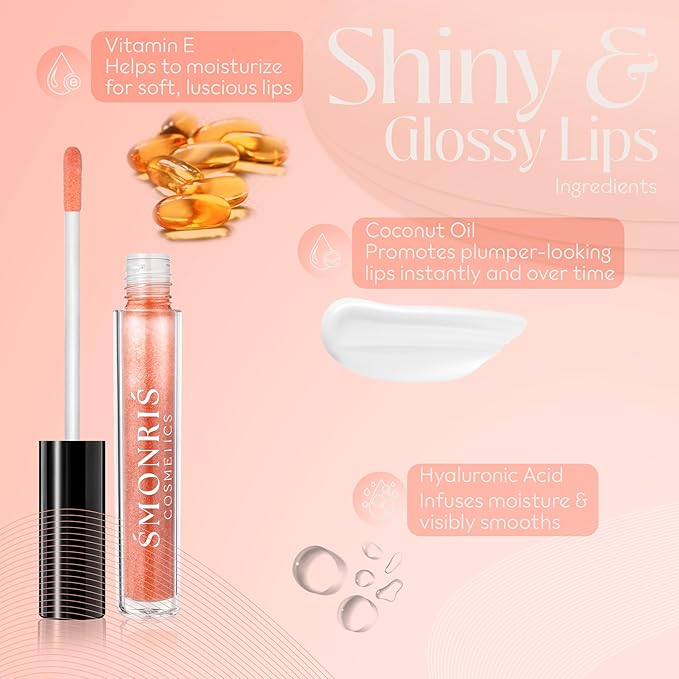 SMONRIS Moisturizing Shiny Lip glosses to Heal Dry Lips for Long Lasting Hydration – High Shine Cruelty Free Non-Sticky Lip Plumper with Vitamin E, Coconut Oil, Hyaluronic acid and Glitter Finish