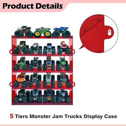 Assembly Monster Trucks Display Case Holding for 20 Monster Trucks Acrylic Storage Case 5 Tiers Monster Trucks Organizer with Tilted Design, Display Case for Toy Trucks (Red)
