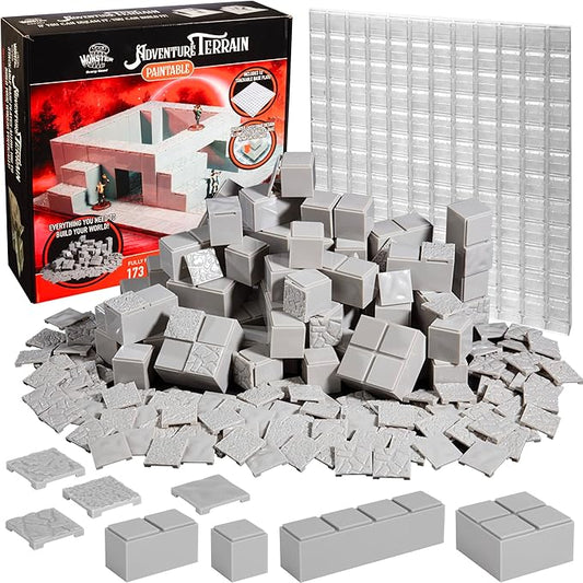 Monster Adventure Terrain - 173pc Paintable Core Building Set w Baseplate- Fully Modular & Stackable 3-D Tabletop World Builder Compatible w DND Dungeons Dragons, Pathfinder, All RPG Games, Gift