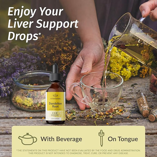 HERBAMAMA Dandelion Root Extract - Dandelion Tincture Vegan Liver Support Supplements - Dandelion Root Liver and Kidney Detox Drops - Alcohol & Sugar-Free, 28-Day Supply