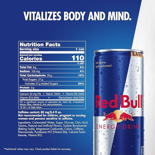 Red Bull Energy Drink with 80mg Caffeine plus Taurine & B Vitamins, 8.4 Fl Oz, Pack of 4 Cans