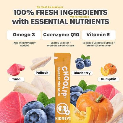 Squeeze Vita Stick Lickable Treats for Dogs & Cats. 49 Kidney support sticks with essential multivitamins. Soft and tasty paste for all life stages, supporting kidney health