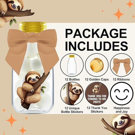 Small 12 Pack Sloth Party Favors - DIY Candy Jars with Ribbons and Stickers - Party Decoration Bottles for Birthday, School Classroom and Baby Shower - Sloth Table Centerpiece Gifts for Kids