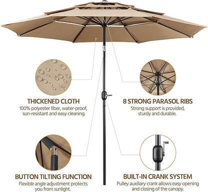 Yaheetech 3-Tier Patio Umbrella 10ft Vented Outdoor Canopy Sun Shade Large Market Table Umbrella Double-layer Cloth & Push-button Tilting for Yard/Garden/Park Tan